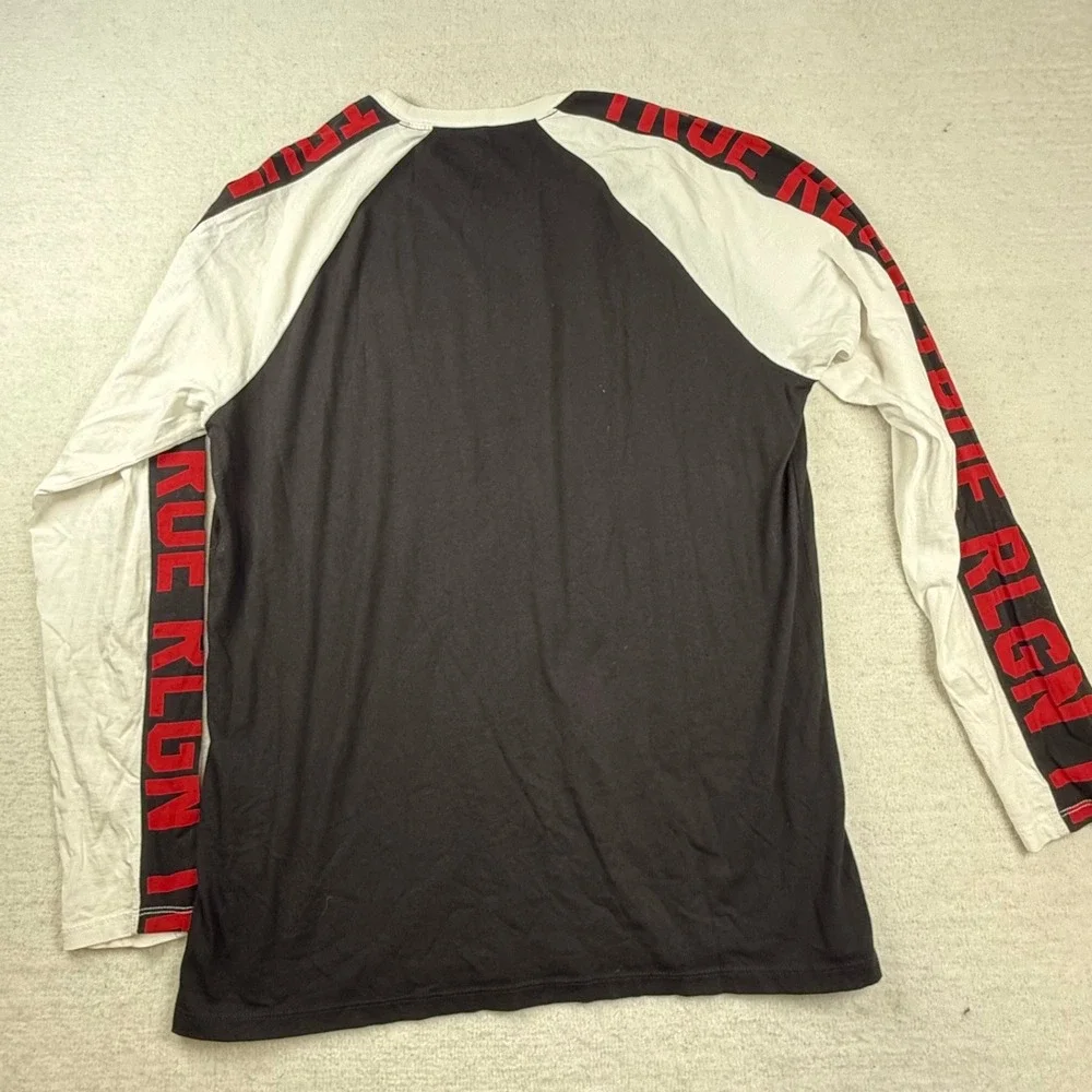 True Religion Mens Raglan Long Sleeve T-Shirt Black White Red Logo Graphic Large
